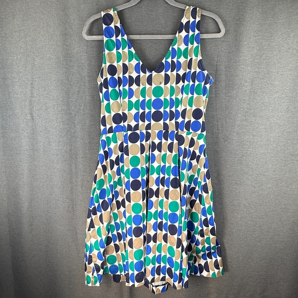 Banana Republic Blue Green‎ Navy Tan Polka Dot Fit Flare Pleated Stretch Dress 6
